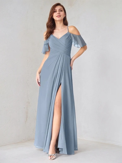 Chiffon Spaghetti Straps A Line Bridesmaid Dresses with Slit