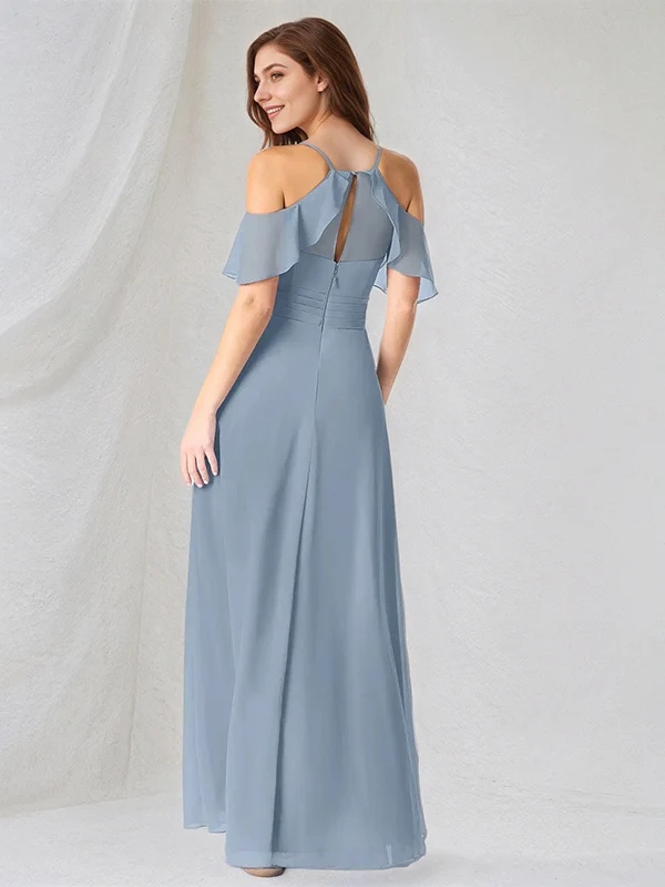 Chiffon Spaghetti Straps A Line Bridesmaid Dresses with Slit