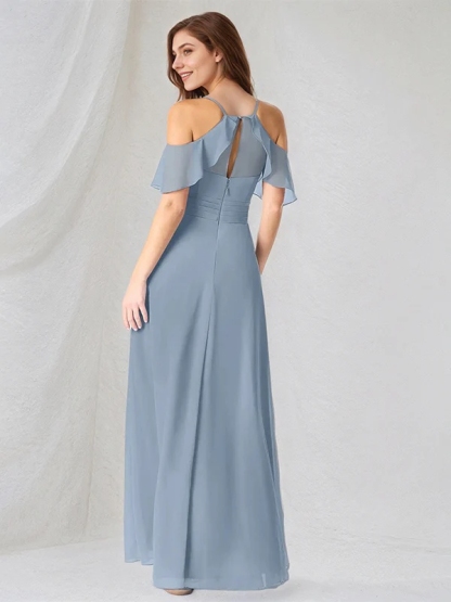 Chiffon Spaghetti Straps A Line Bridesmaid Dresses with Slit