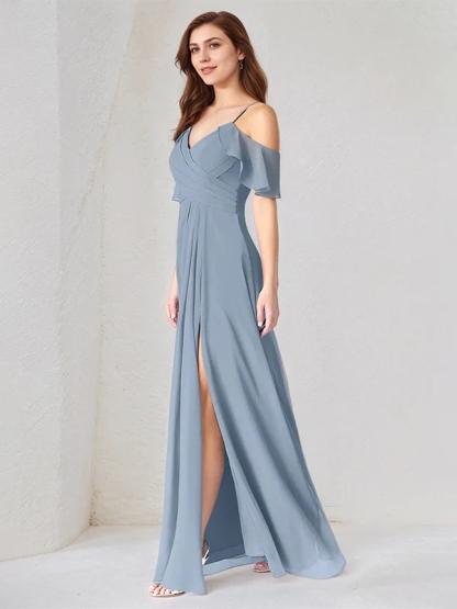 Chiffon Spaghetti Straps A Line Bridesmaid Dresses with Slit