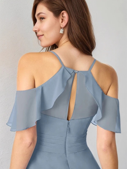 Chiffon Spaghetti Straps A Line Bridesmaid Dresses with Slit