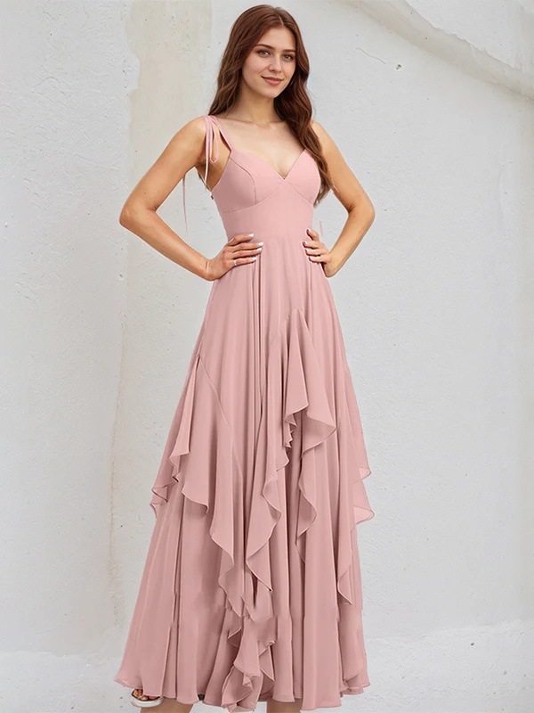Chiffon Spaghetti Straps A Line Bridesmaid Dresses with Ruffles