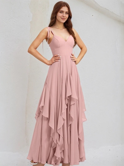 Chiffon Spaghetti Straps A Line Bridesmaid Dresses with Ruffles