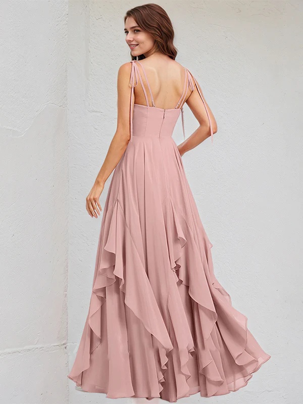 Chiffon Spaghetti Straps A Line Bridesmaid Dresses with Ruffles