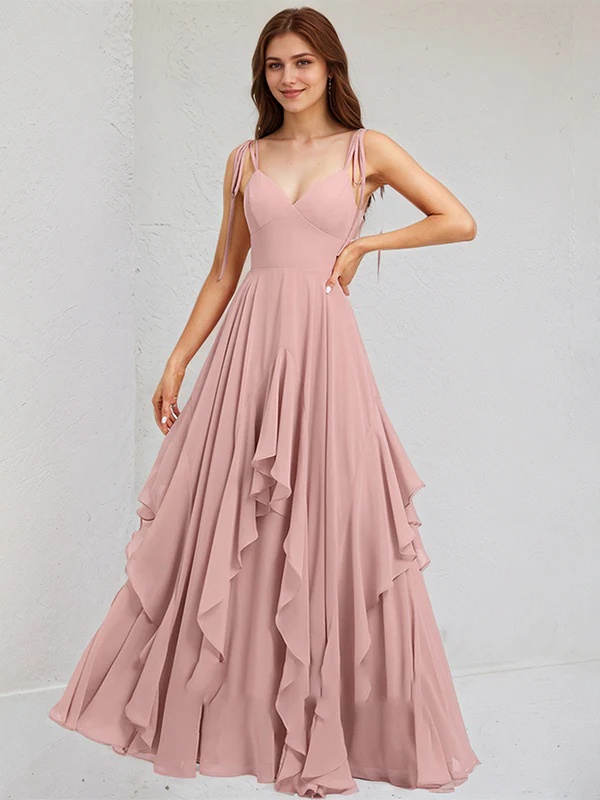 Chiffon Spaghetti Straps A Line Bridesmaid Dresses with Ruffles
