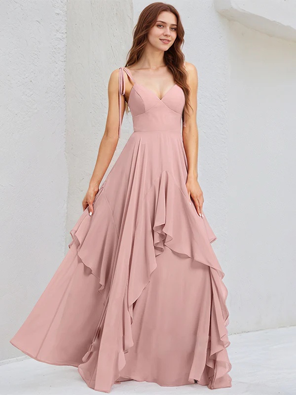 Chiffon Spaghetti Straps A Line Bridesmaid Dresses with Ruffles
