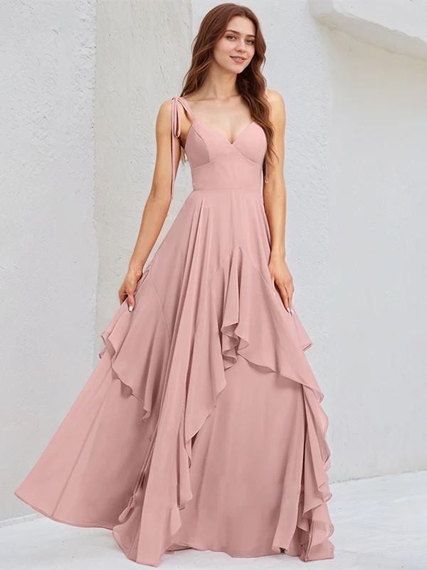 Chiffon Spaghetti Straps A Line Bridesmaid Dresses with Ruffles