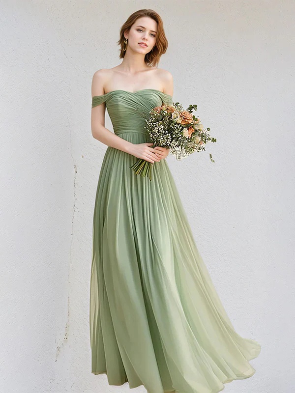 Chiffon Off Shoulder A Line Bridesmaid Dresses with Ruffles