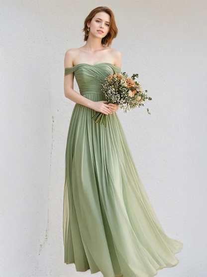 Chiffon Off Shoulder A Line Bridesmaid Dresses with Ruffles
