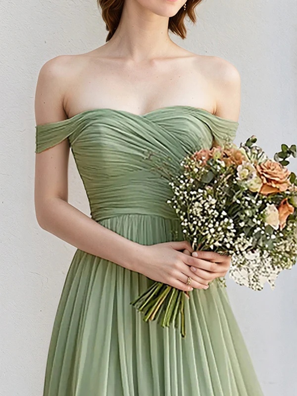 Chiffon Off Shoulder A Line Bridesmaid Dresses with Ruffles