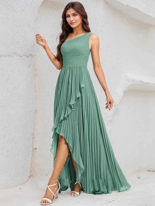 Chiffon One Shoulder A Line Bridesmaid Dresses with Pleats