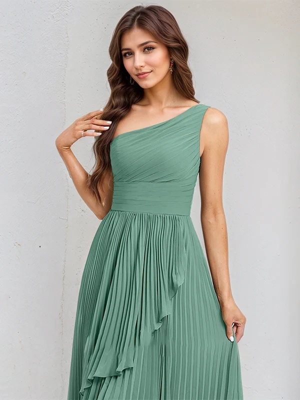 Chiffon One Shoulder A Line Bridesmaid Dresses with Pleats