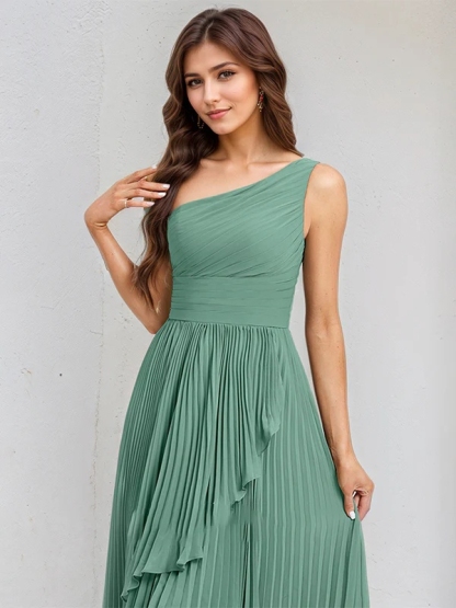 Chiffon One Shoulder A Line Bridesmaid Dresses with Pleats