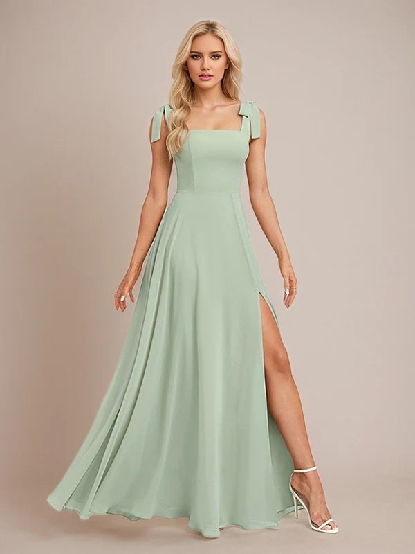 Chiffon Spaghetti Straps A Line Bridesmaid Dresses with Slit