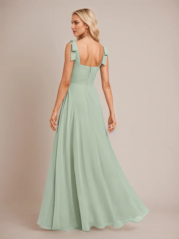 Chiffon Spaghetti Straps A Line Bridesmaid Dresses with Slit
