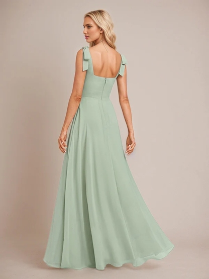 Chiffon Spaghetti Straps A Line Bridesmaid Dresses with Slit