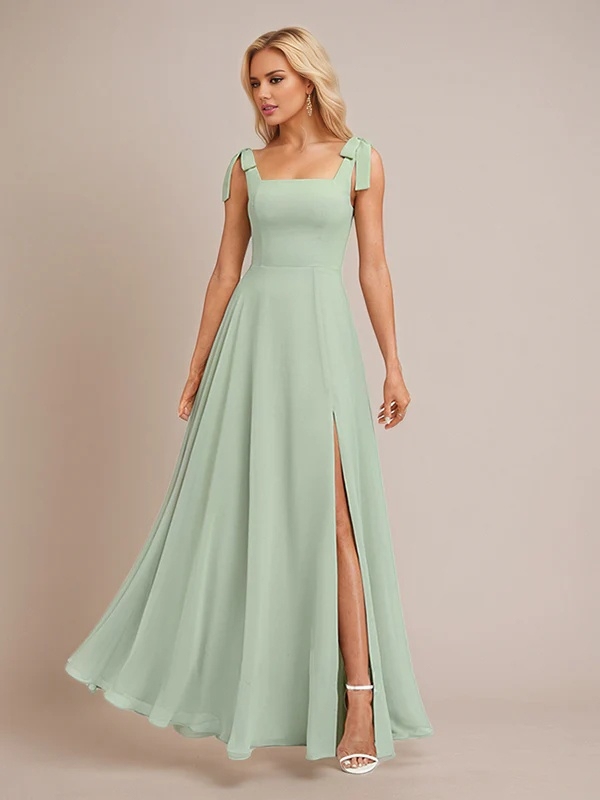 Chiffon Spaghetti Straps A Line Bridesmaid Dresses with Slit