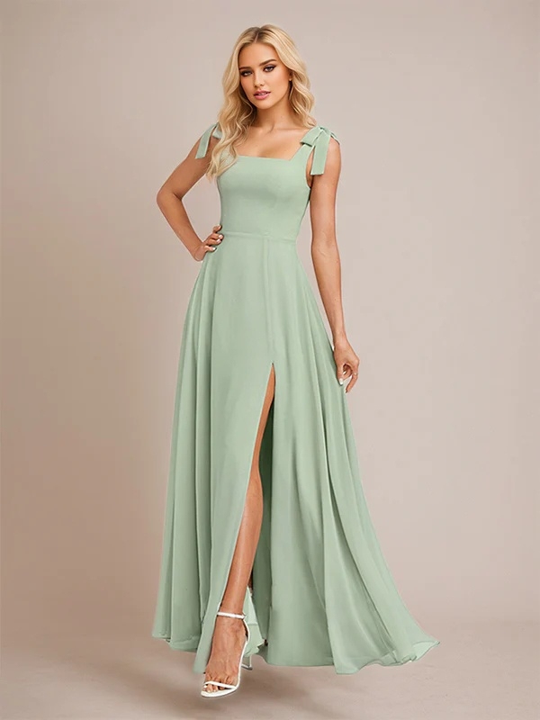 Chiffon Spaghetti Straps A Line Bridesmaid Dresses with Slit