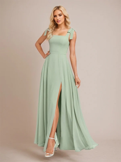 Chiffon Spaghetti Straps A Line Bridesmaid Dresses with Slit