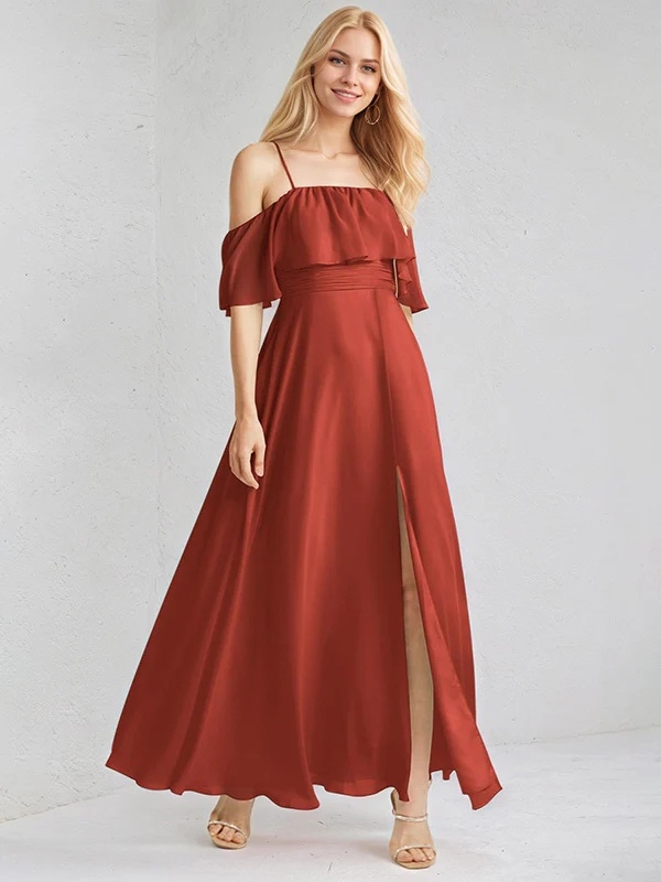 Chiffon Off Shoulder A Line Bridesmaid Dresses with Slit