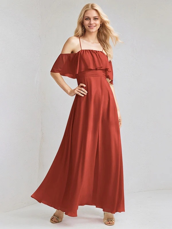 Chiffon Off Shoulder A Line Bridesmaid Dresses with Slit