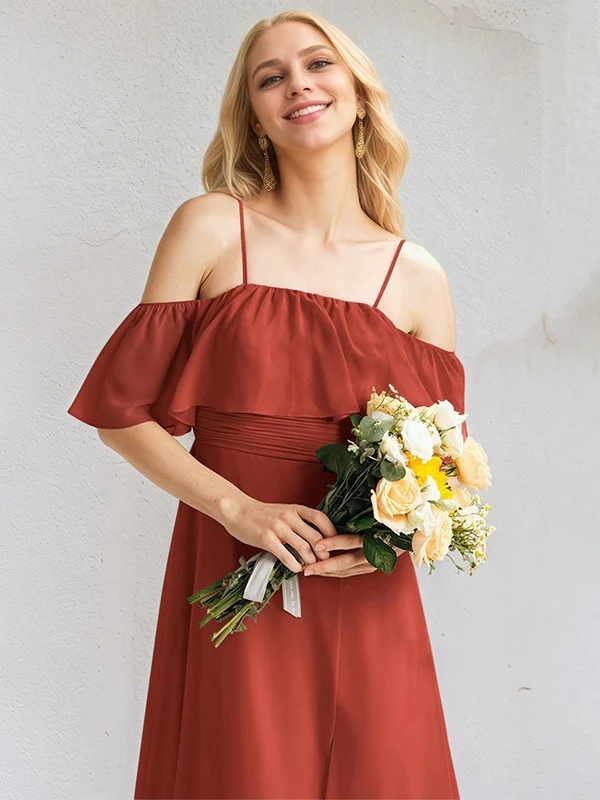 Chiffon Off Shoulder A Line Bridesmaid Dresses with Slit