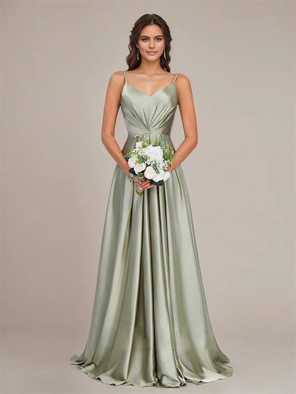 Satin Spaghetti Straps A Line Bridesmaid Dresses with Pleats