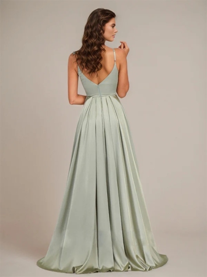 Satin Spaghetti Straps A Line Bridesmaid Dresses with Pleats