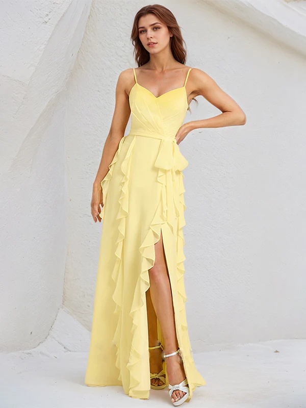 Chiffon Spaghetti Straps A Line Bridesmaid Dresses with Slit