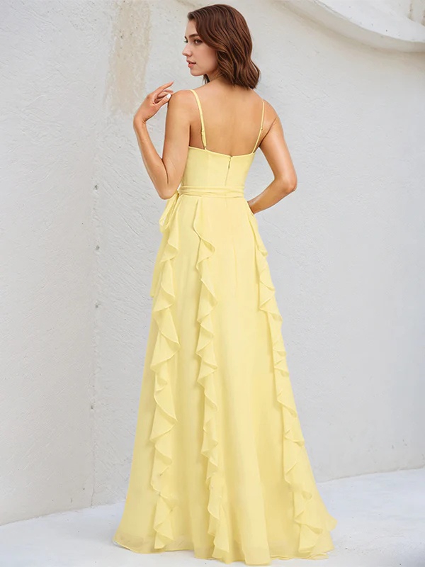 Chiffon Spaghetti Straps A Line Bridesmaid Dresses with Slit