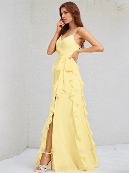 Chiffon Spaghetti Straps A Line Bridesmaid Dresses with Slit