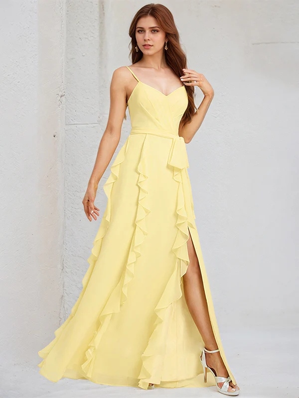 Chiffon Spaghetti Straps A Line Bridesmaid Dresses with Slit