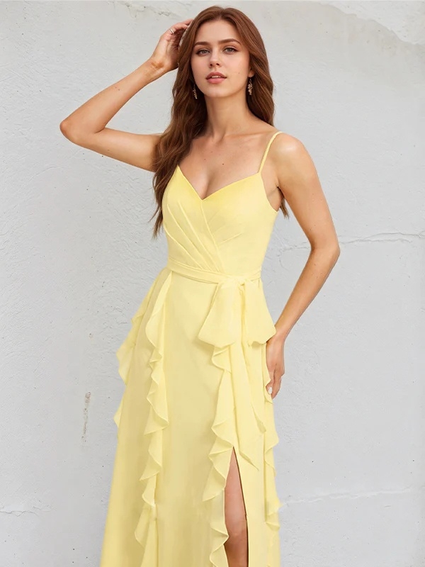 Chiffon Spaghetti Straps A Line Bridesmaid Dresses with Slit
