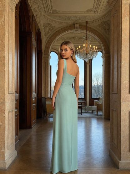 Chiffon One Shoulder A Line Bridesmaid Dresses with Slit and Ruffles