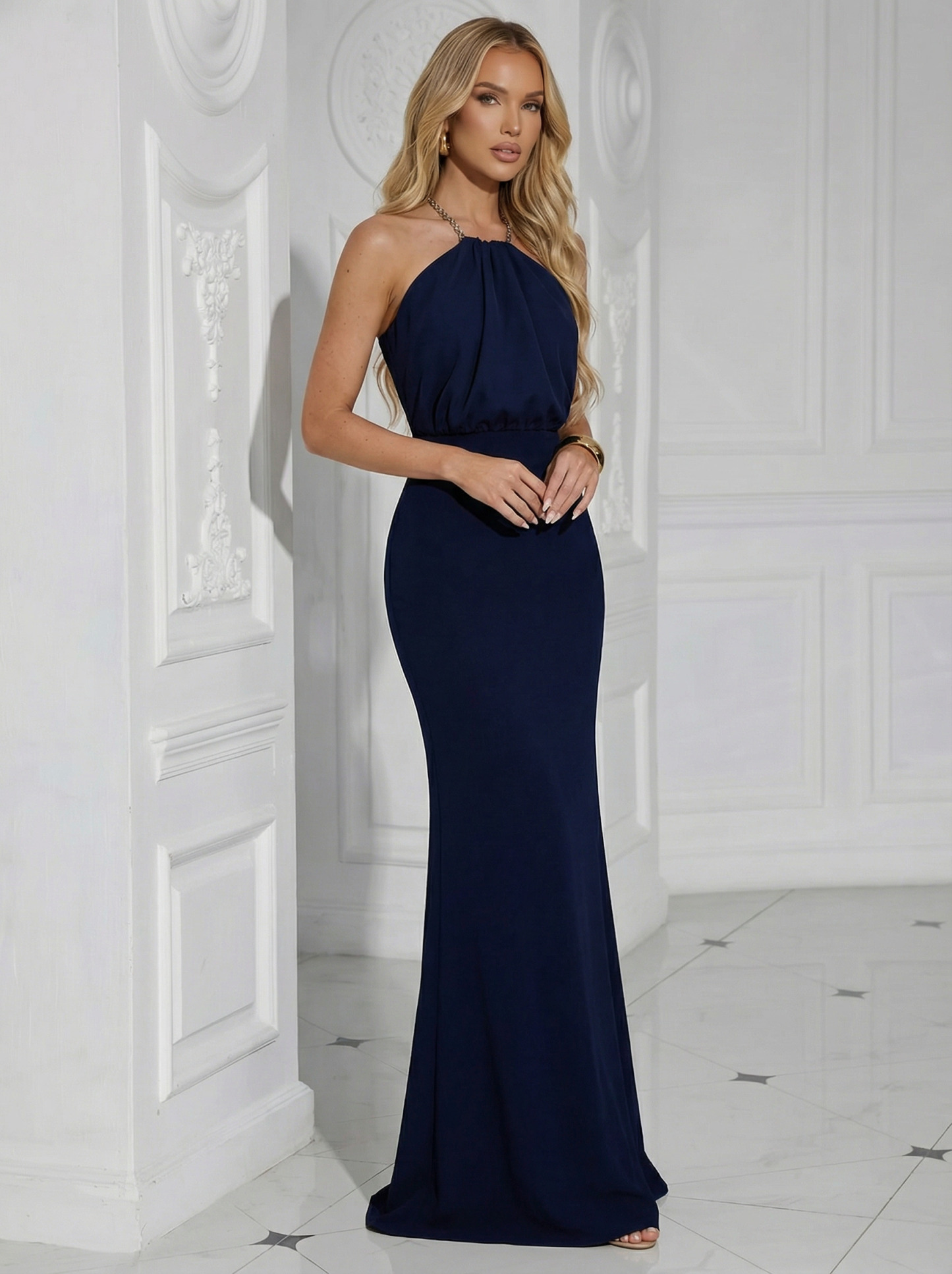 Satin Halter Long Formal Dresses with Backless Design