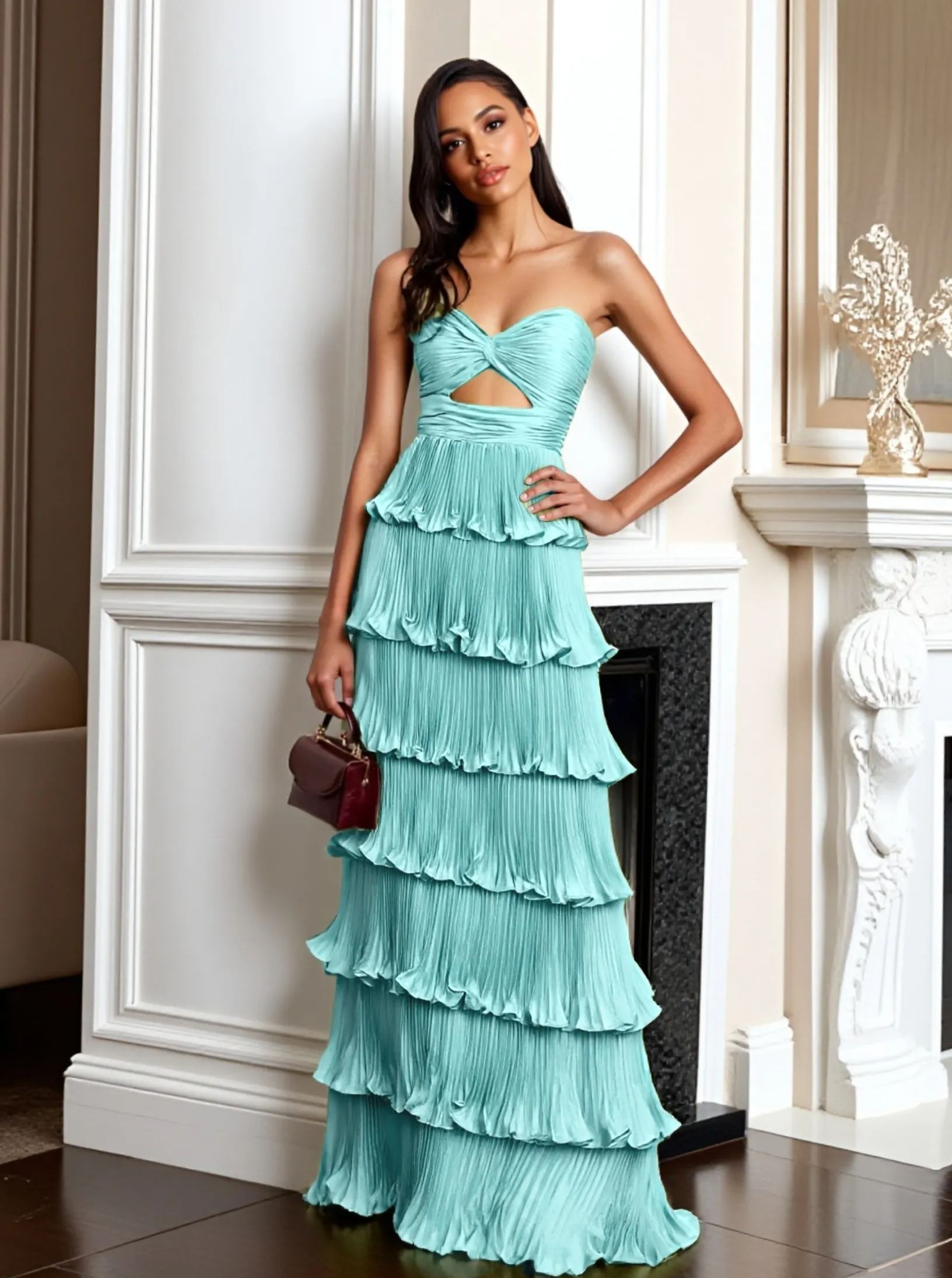 Satin Strapless Evening Dresses with Tiered