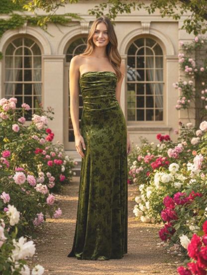 Floral Velvet Drop Neck Evening Dresses with Pleats