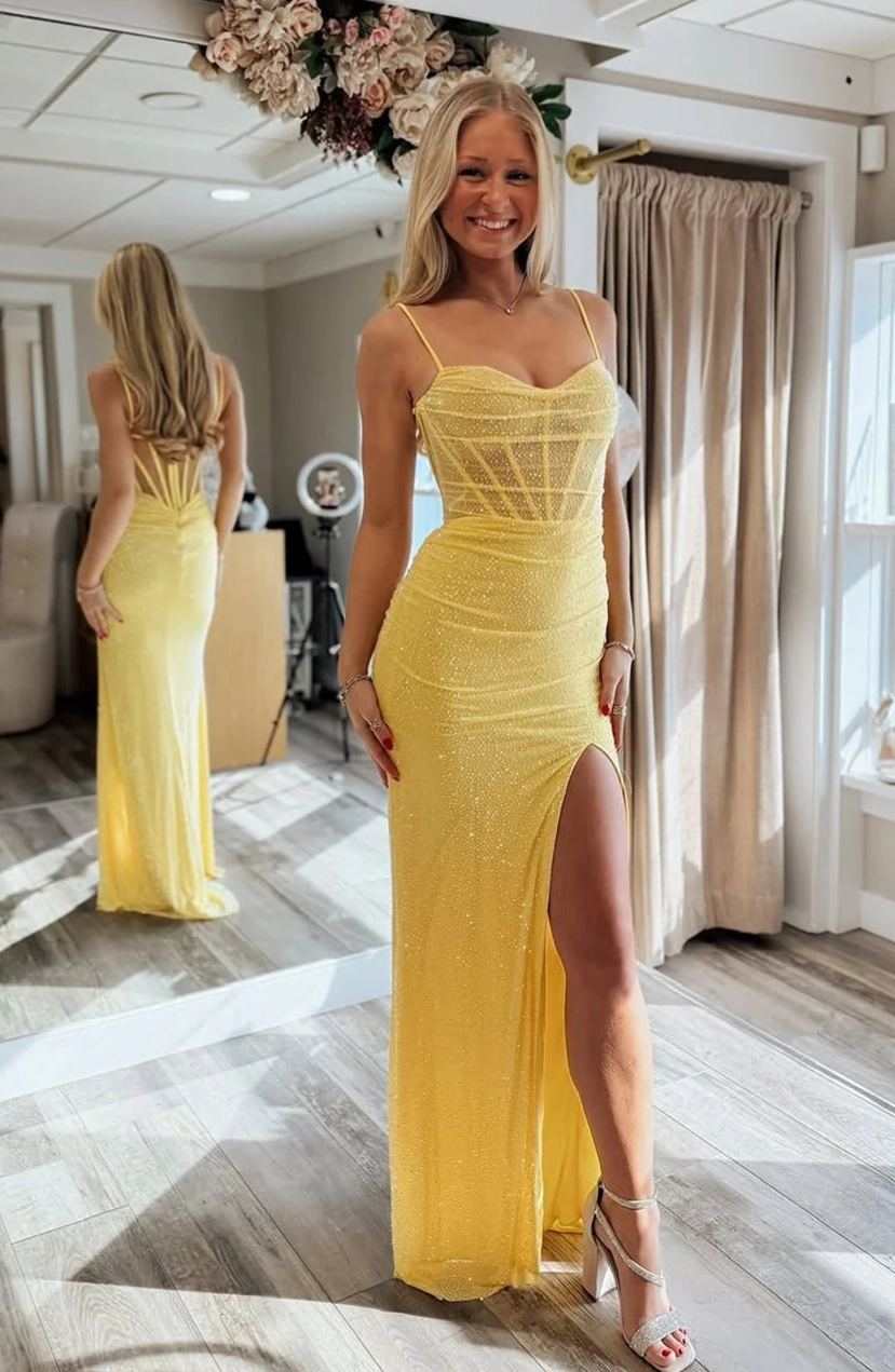 Sequin Spaghetti Straps Prom Dresses with Slit