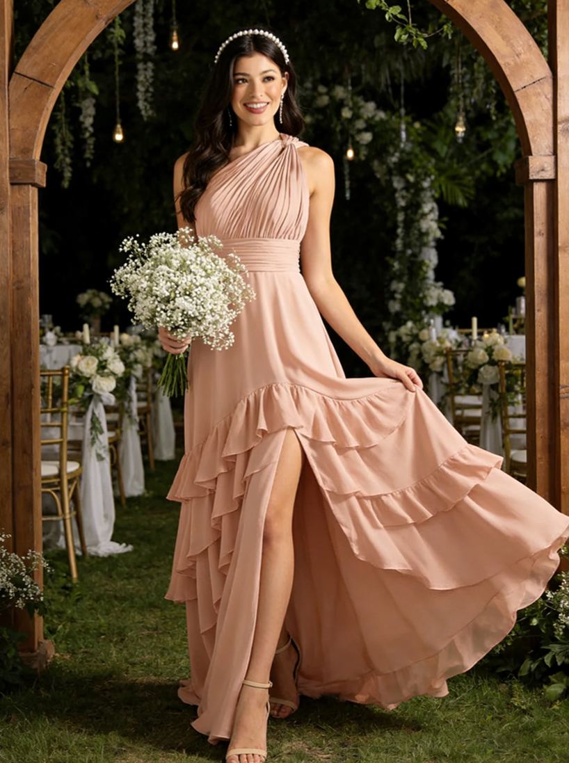 Chiffon One Shoulder Evening Dresses with Slit