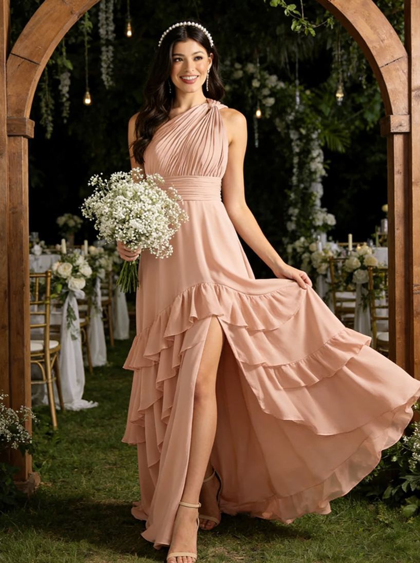 Chiffon One Shoulder Evening Dresses with Slit