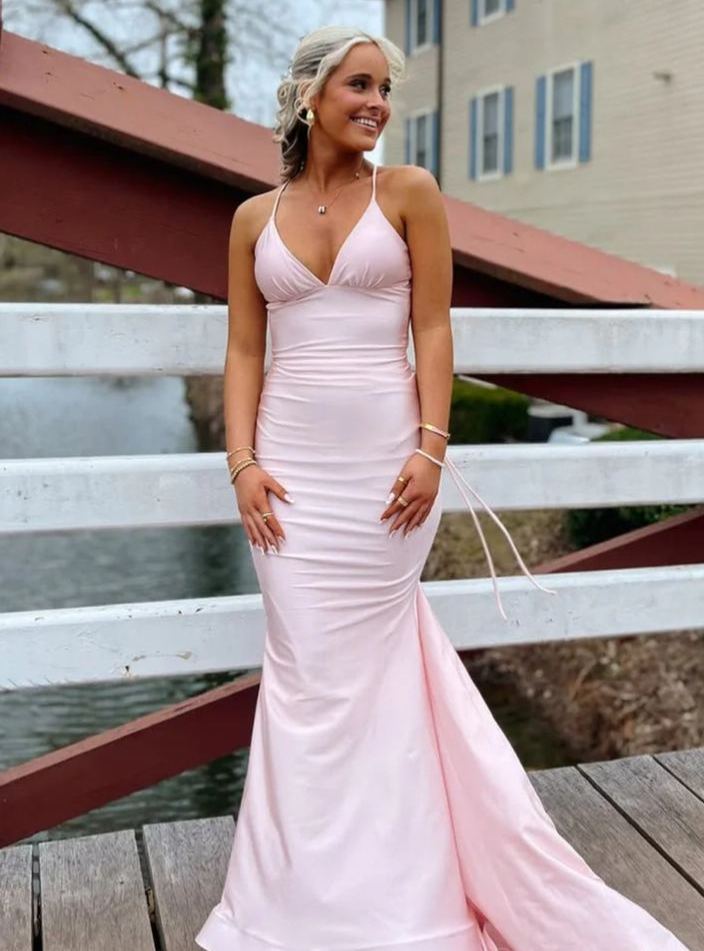 Simple Satin Spaghetti Straps Prom Evening Party Dresses 