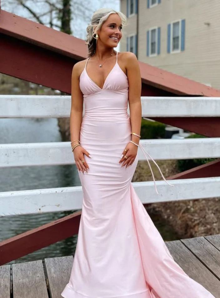 Simple Satin Spaghetti Straps Prom Evening Party Dresses 