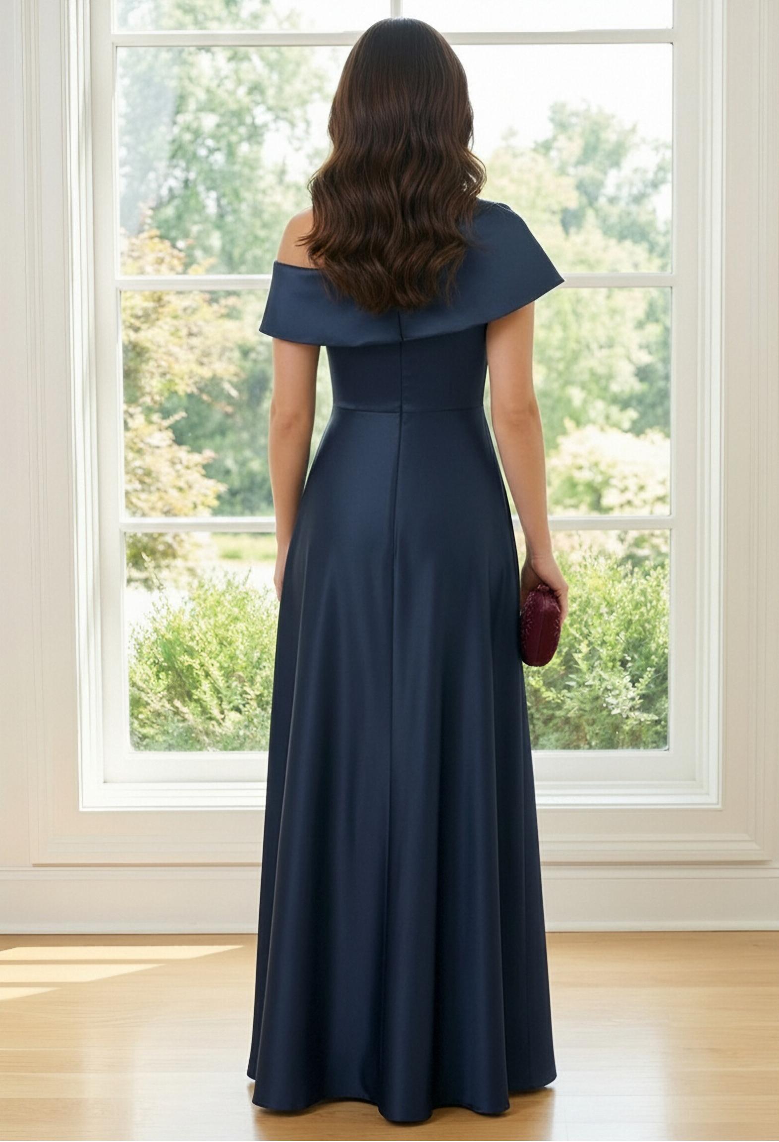 A Line One Shoulder Satin Pleated Mother of the Bride Dresses with Slit
