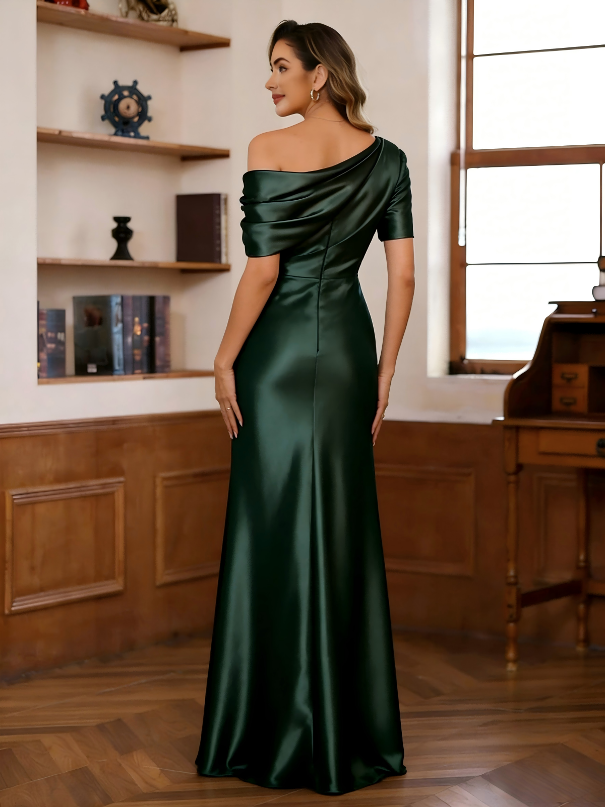 Satin Off Shoulder Mother of the Brides Dresses with Half Sleeves