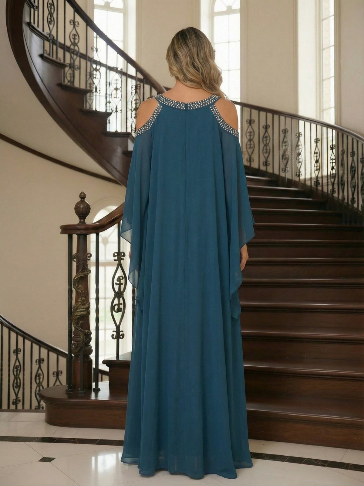 Round Neck Chiffon Mother of the Bride Dresses with Sleeves