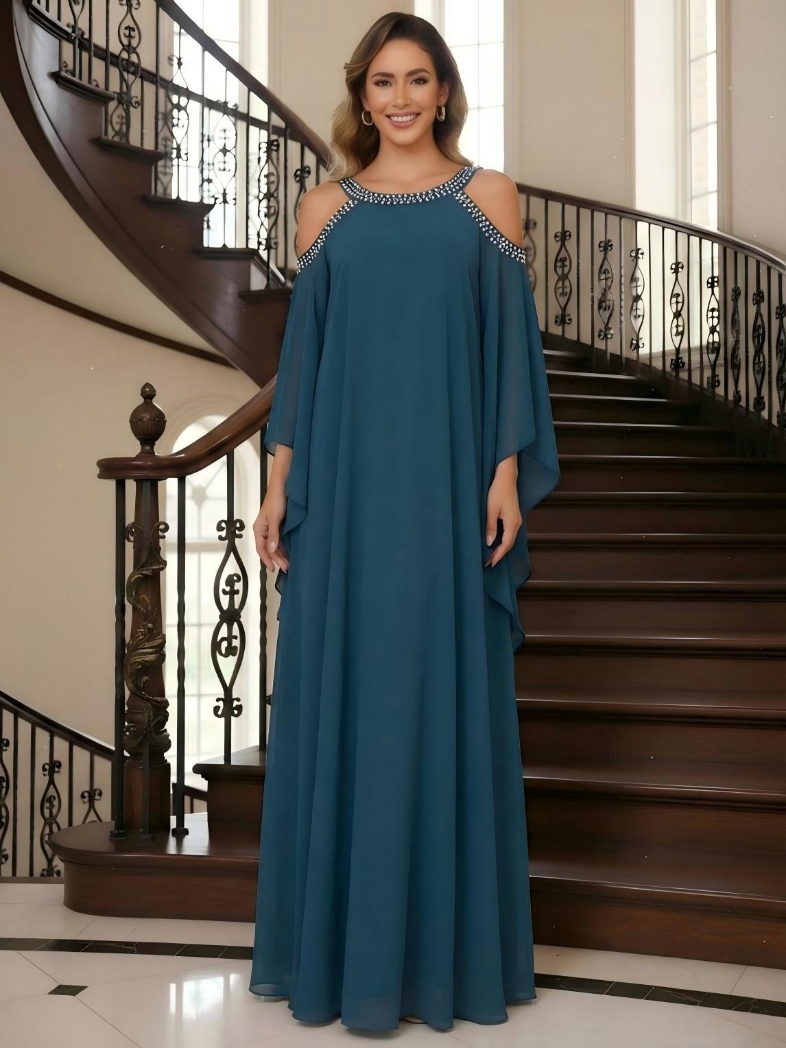 Round Neck Chiffon Mother of the Bride Dresses with Sleeves