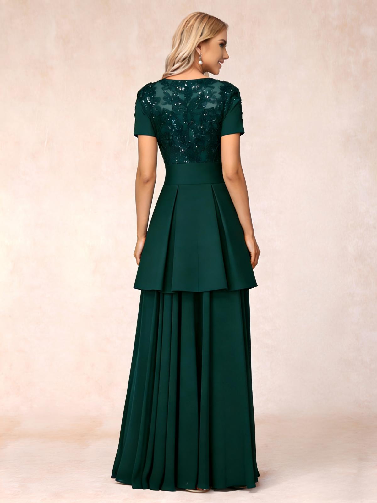 2 Pieces Round Neck Lace Appliques Satin Mother of the Bride Dresses