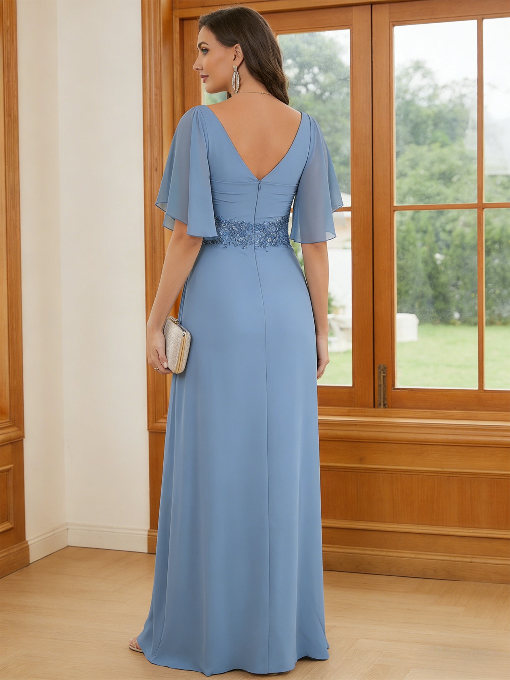 Chiffon V Neck Short Sleeves Ruched Mermaid Mother of the Bride Dresses