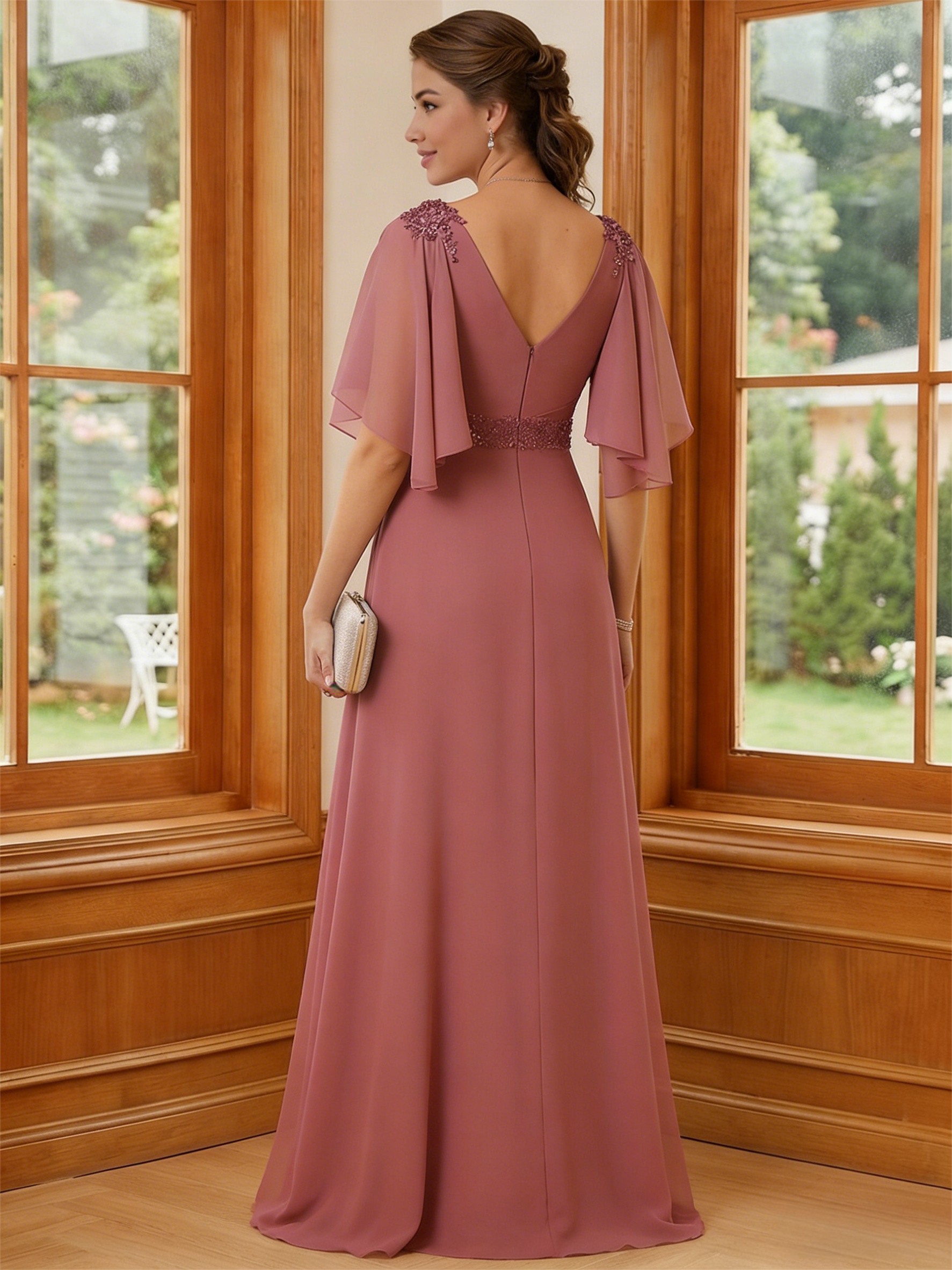 Chiffon V Neck Lace Appliques Ruffles A Line Mother of the Bride Dresses