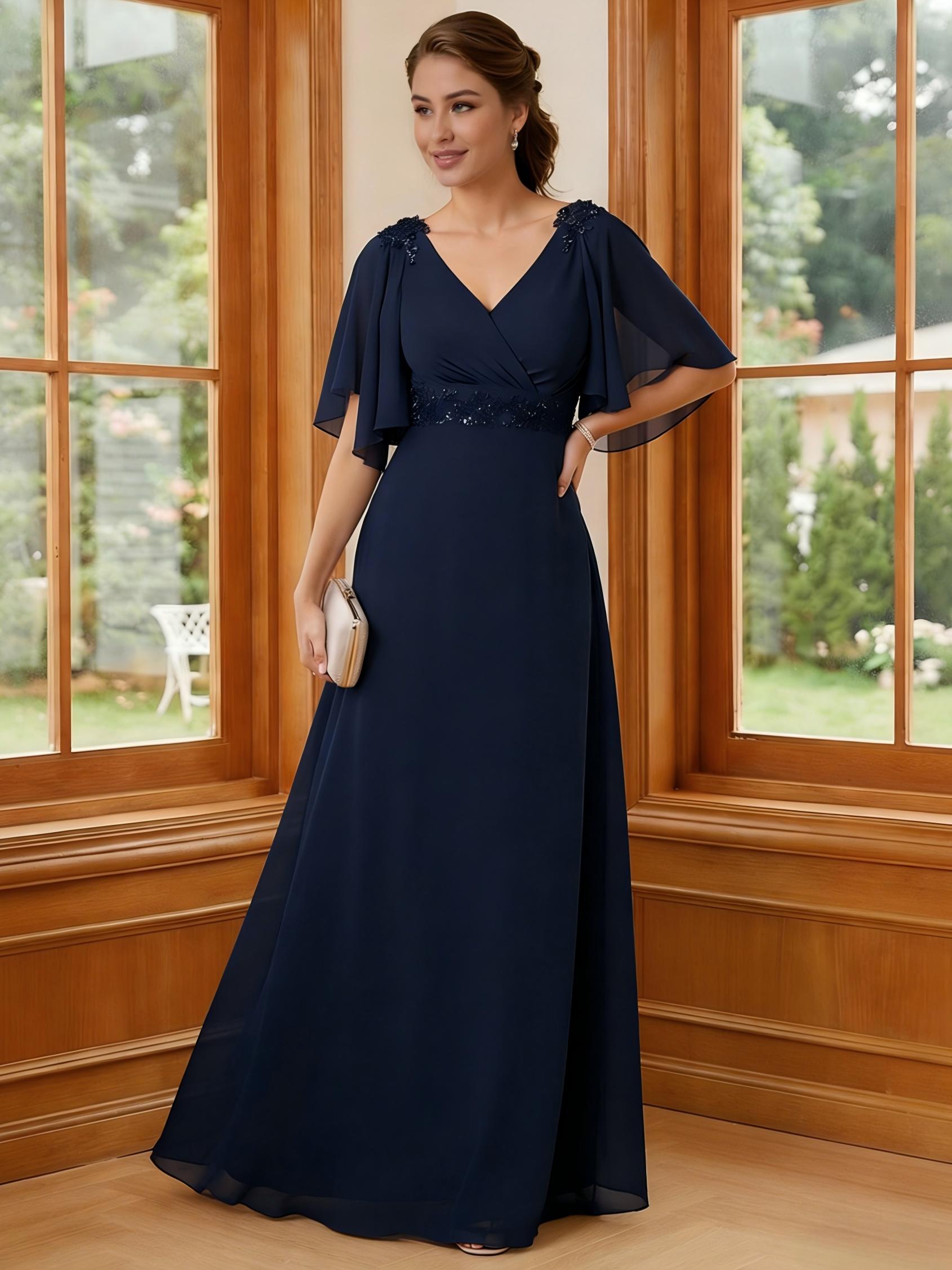 Chiffon V Neck Lace Appliques Ruffles A Line Mother of the Bride Dresses